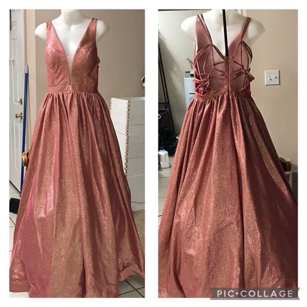 10 Royal Queen gold/pink iridescent Strappy Plunging V-Neck Dress formal gown.